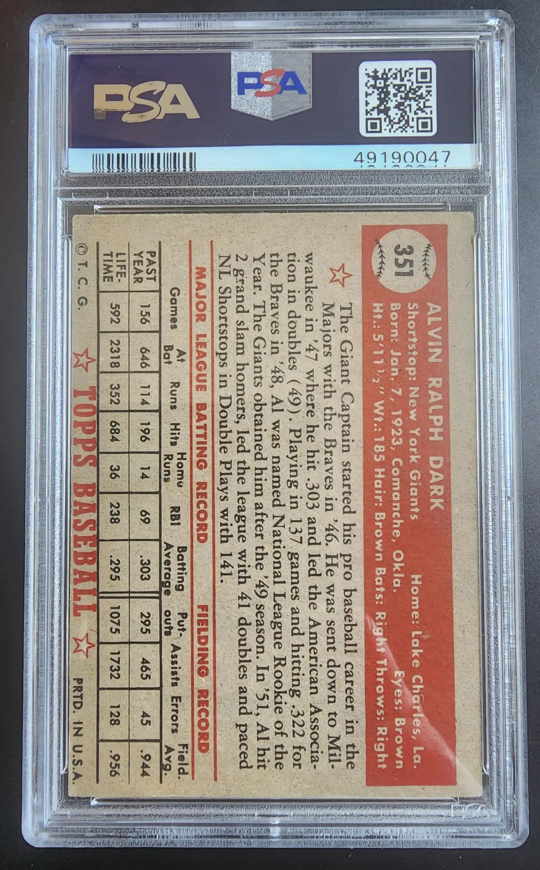 Al Dark 1952 Topps #351 baseball card in PSA graded protective holder for trading cards