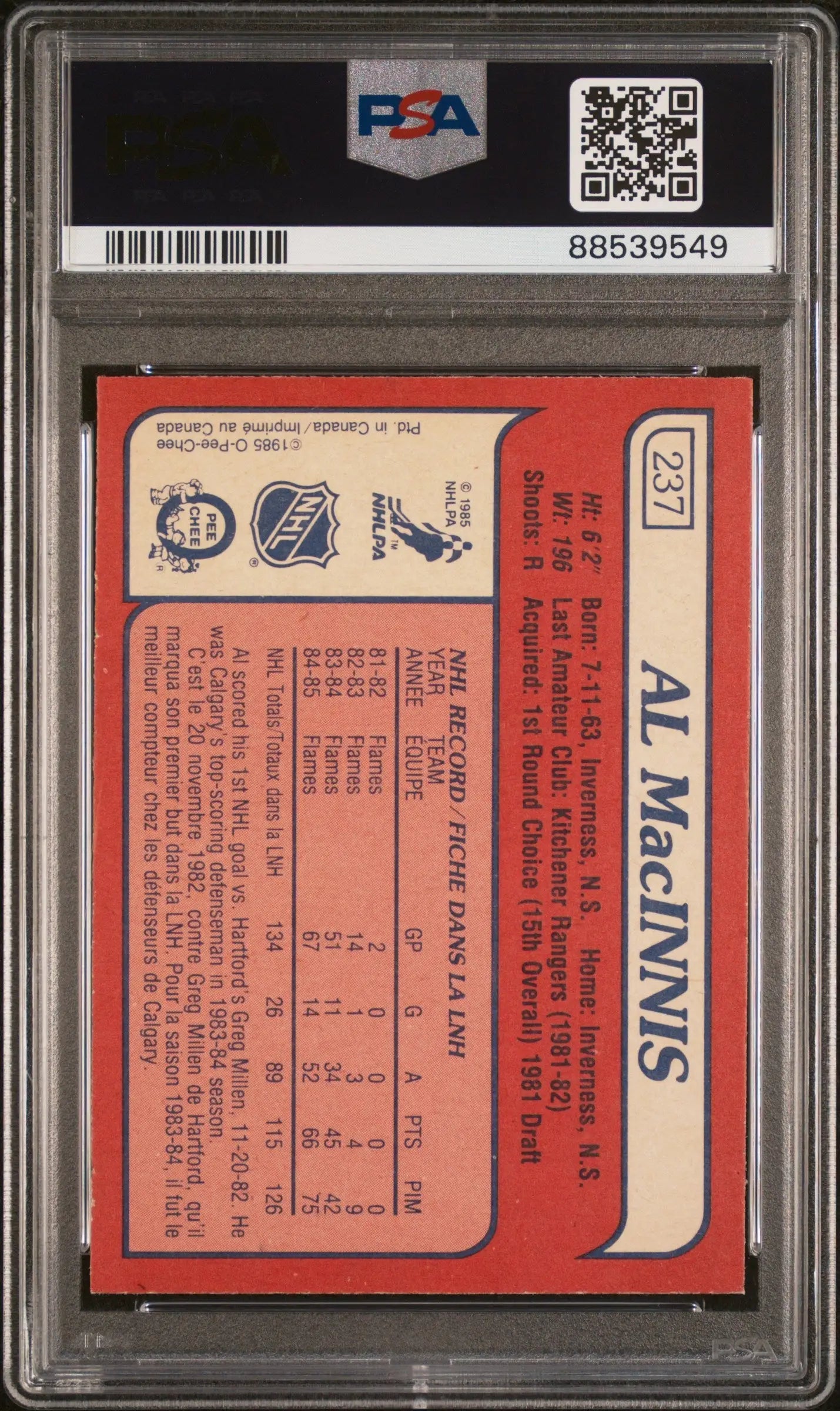Back of Al MacInnis 1985 O-Pee-Chee baseball trading card with player stats