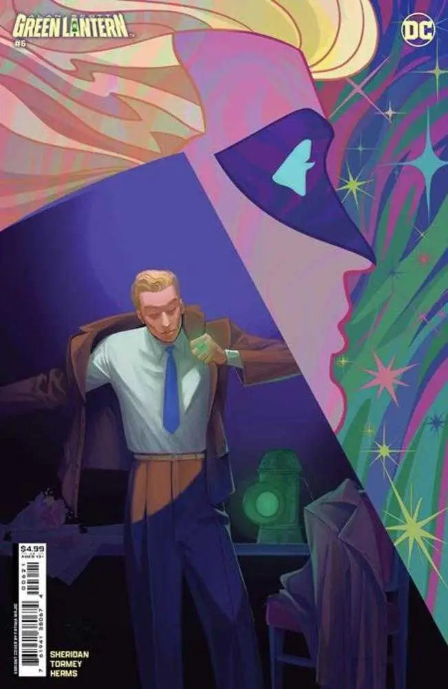 Comic book cover of Alan Scott in business attire with power ring for trading cards