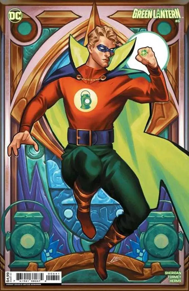 Comic book cover art of Alan Scott in classic Green Lantern costume for trading cards