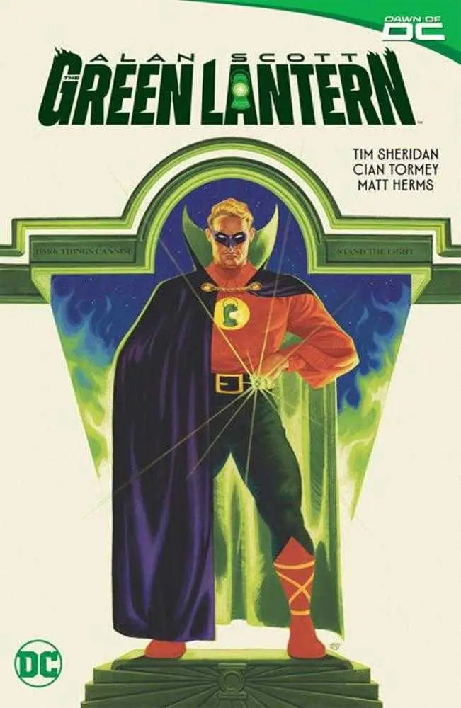 Comic book cover art of Alan Scott as Green Lantern in heroic pose with cape
