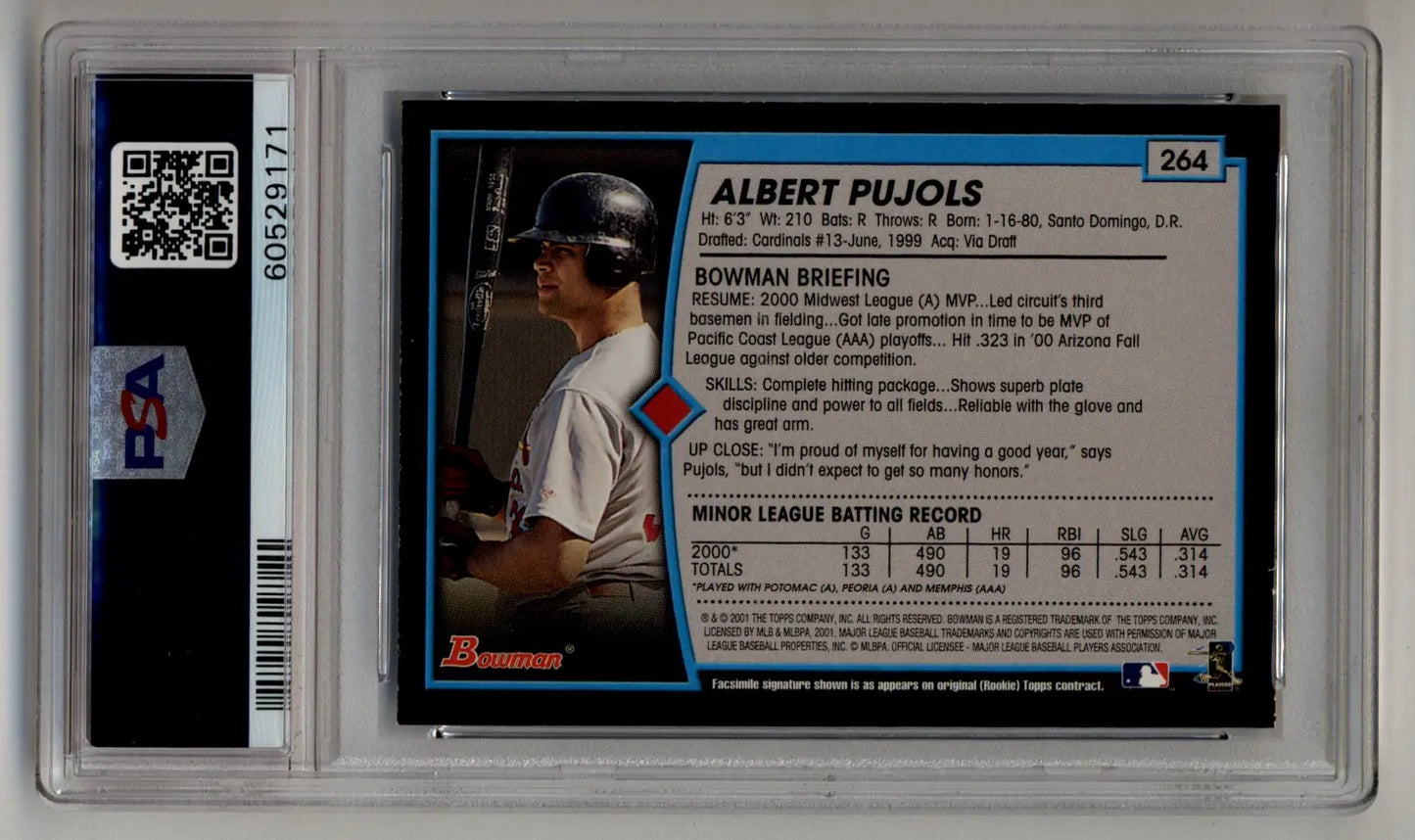 Albert Pujols Bowman Rookie 2001 card in protective slab, near mint mint condition