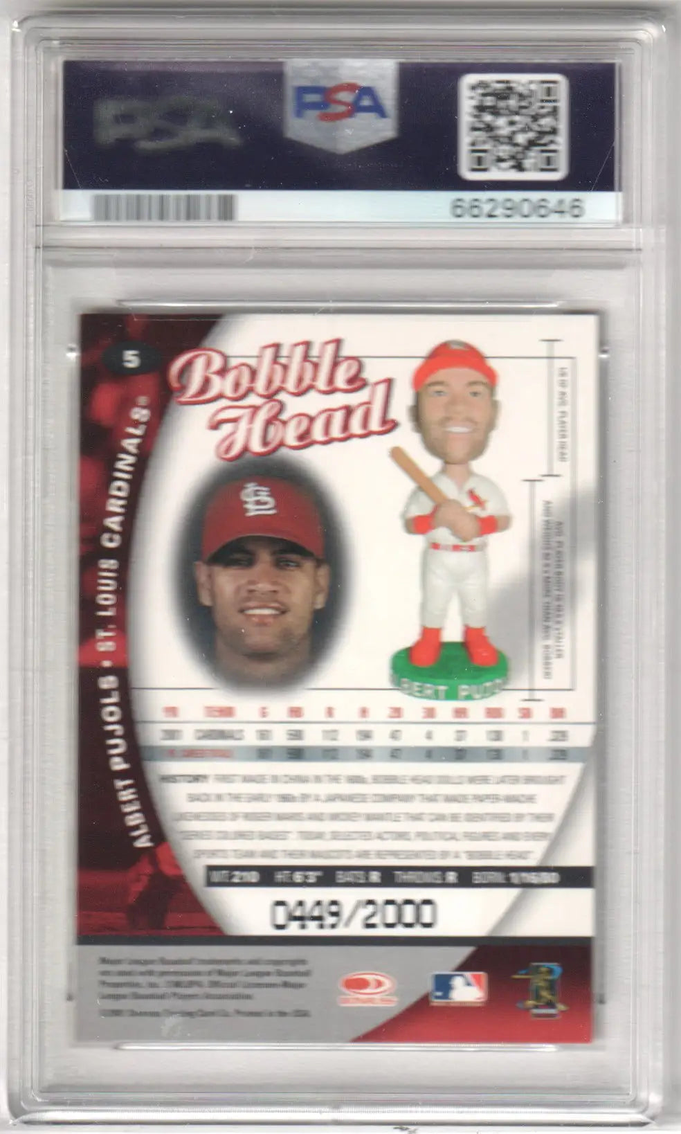 Graded Albert Pujols baseball card from Donruss Class of 01, Columbia Hobby bobble head card