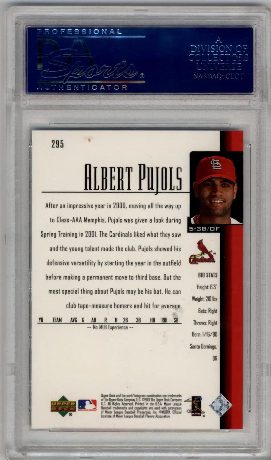 Baseball card of Albert Pujols 2001 Upper Deck Rookie #295 in protective holder