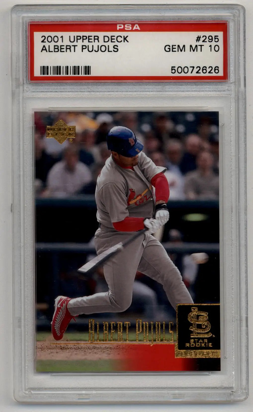 PSA-graded Albert Pujols 2001 Upper Deck Rookie #295 card in protective case