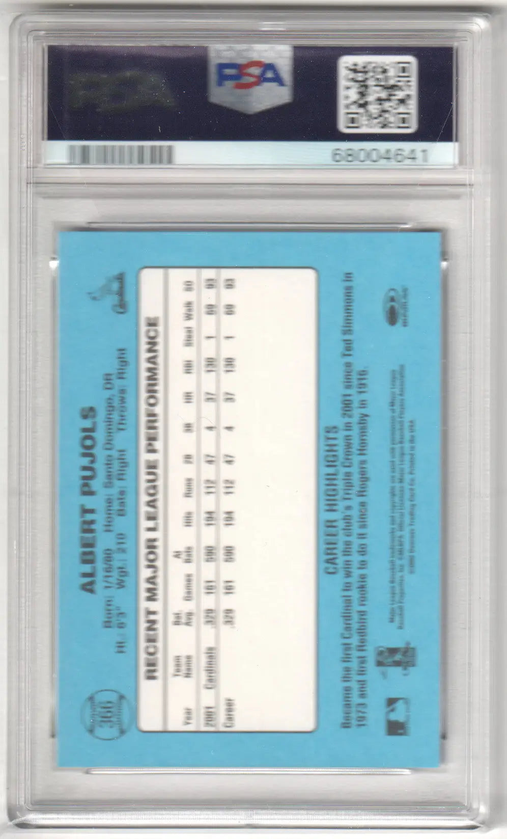 Graded Albert Pujols baseball card from Donruss Originals displayed by Columbia Hobby