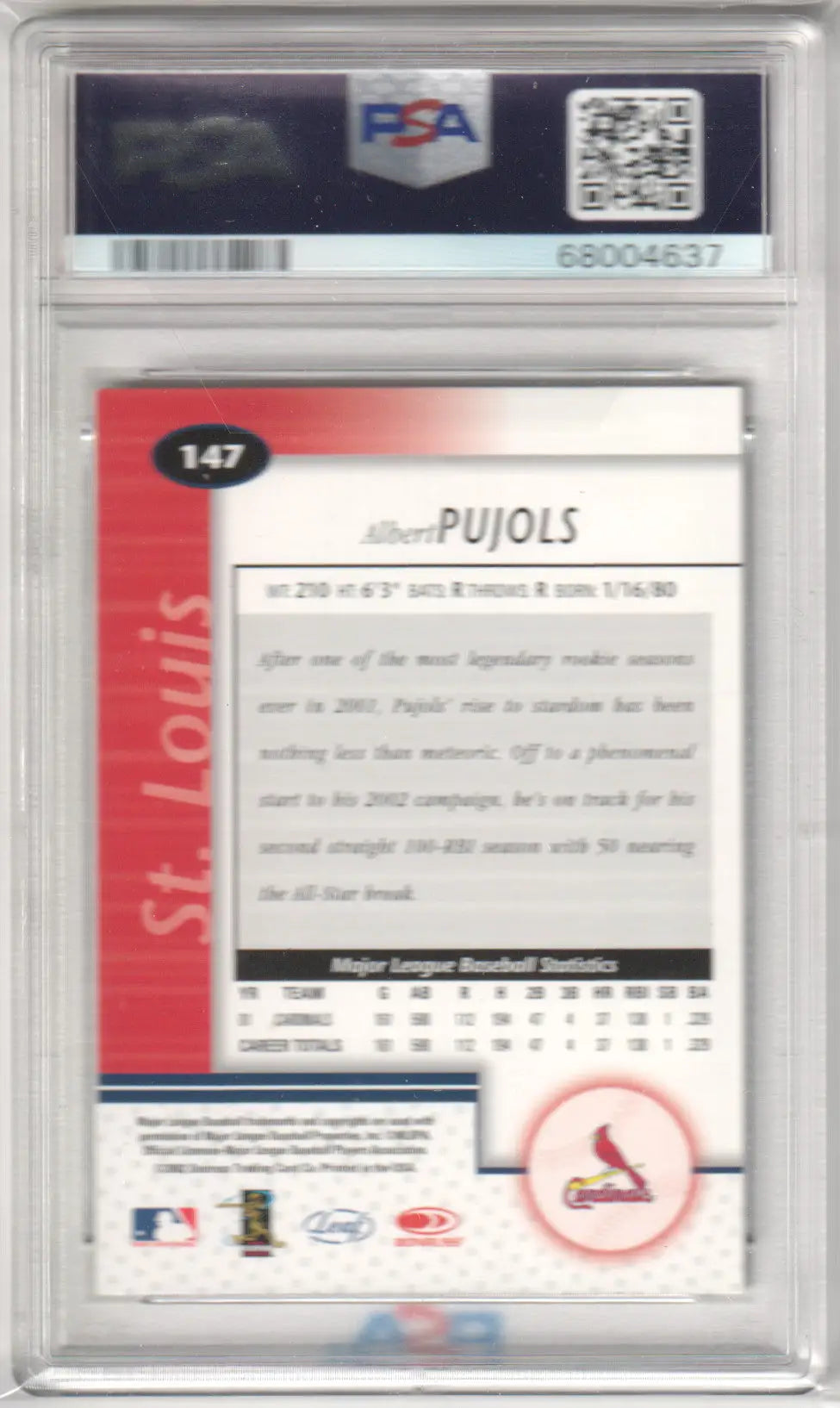 Graded Albert Pujols 2002 Leaf Certified baseball card from Columbia Hobby PSA 8 NM