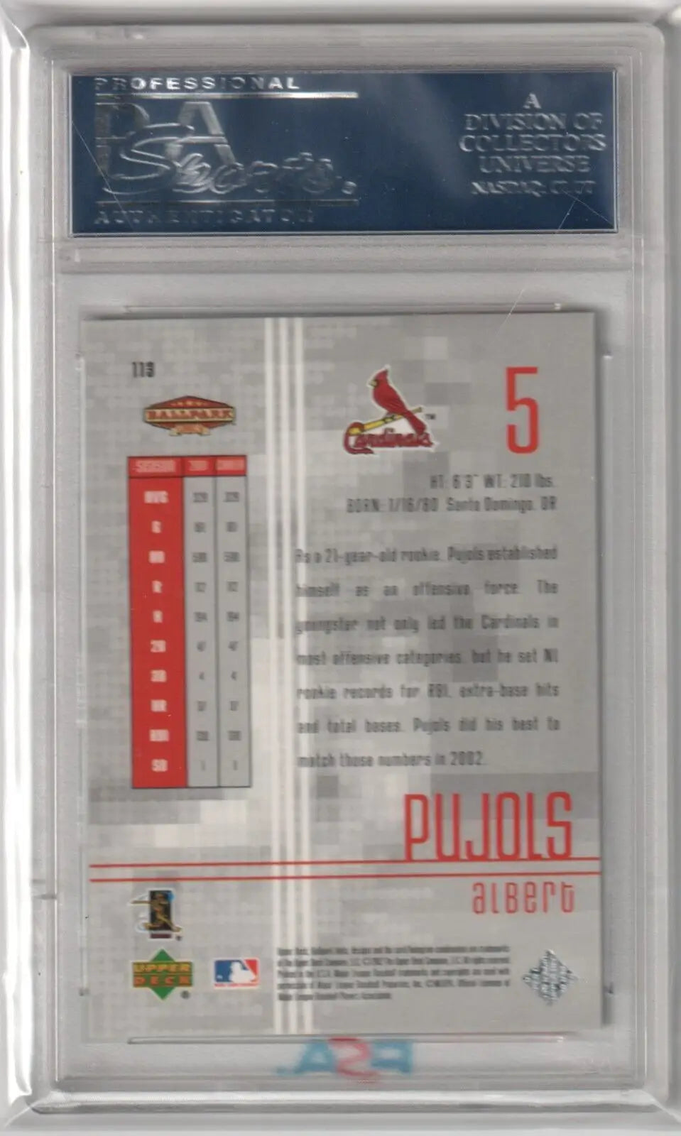 Baseball card in protective holder ALBERT PUJOLS 2002 PSA 10 GEM MINT from Columbia Hobby