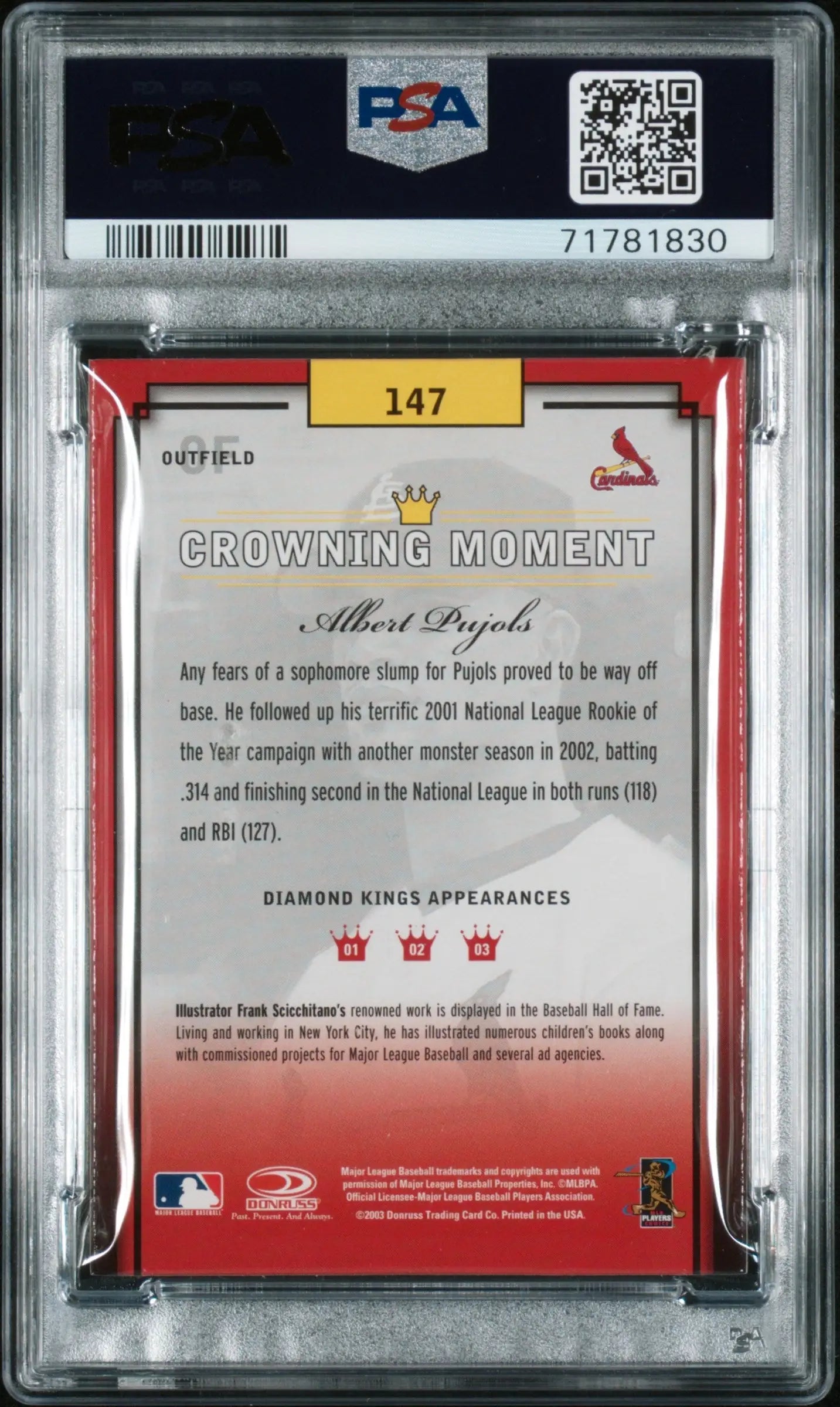 Graded Albert Pujols Baseball Card from Donruss Diamond Kings 2003 framed portrait bronze