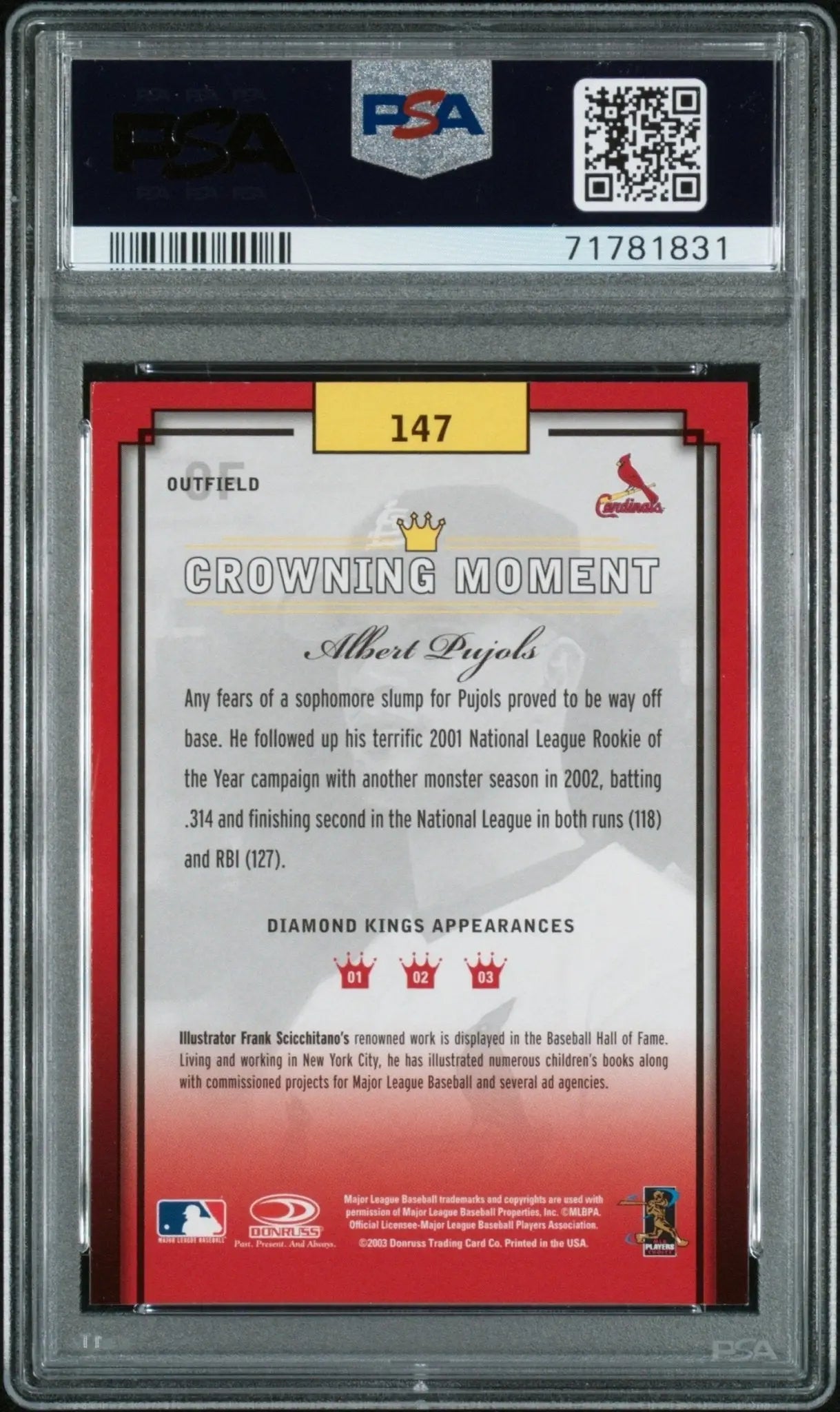 Graded Albert Pujols 2003 Donruss Diamond Kings baseball card PSA 9 Mint from Columbia Hobby