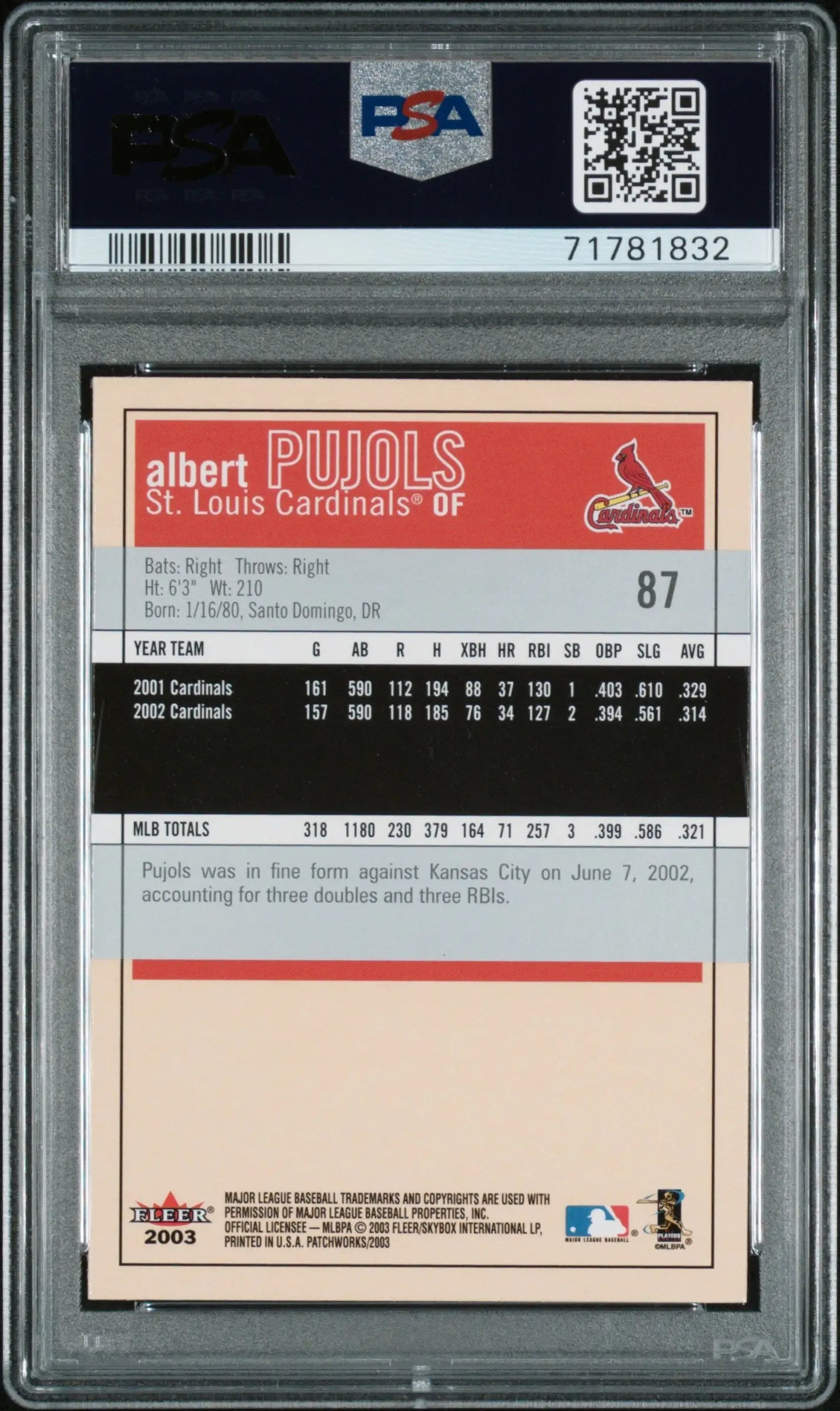 Graded Albert Pujols Fleer Patchworks baseball card from Columbia Hobby, PSA 9 Mint