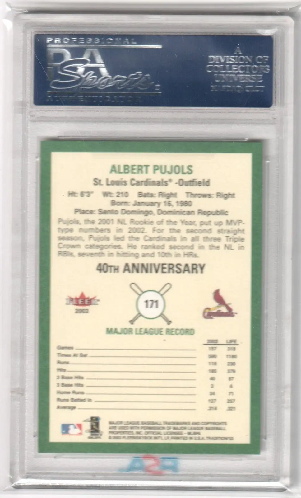 Albert Pujols 2003 Fleer Tradition #171 PSA 10 GEM MINT single card in protective case