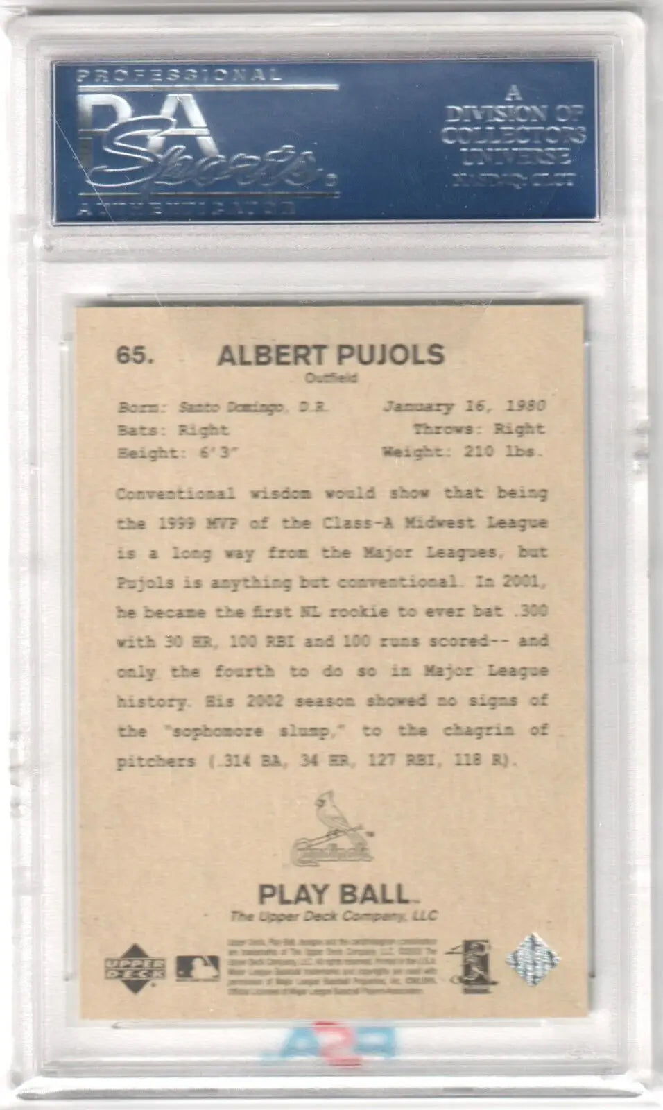 Albert Pujols 2003 Upper Deck Play Ball #65 PSA 10 GEM MINT encased baseball card