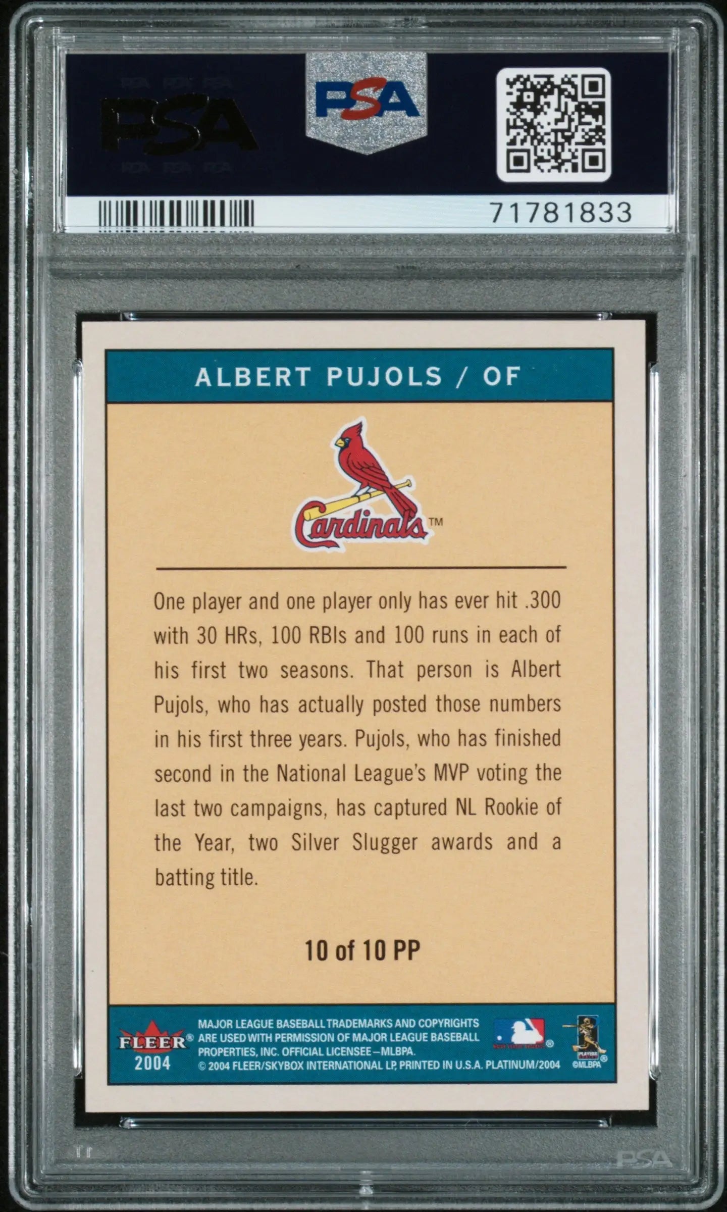 Graded Albert Pujols baseball card from Fleer Platinum Platinum Portraits series at Columbia Hobby