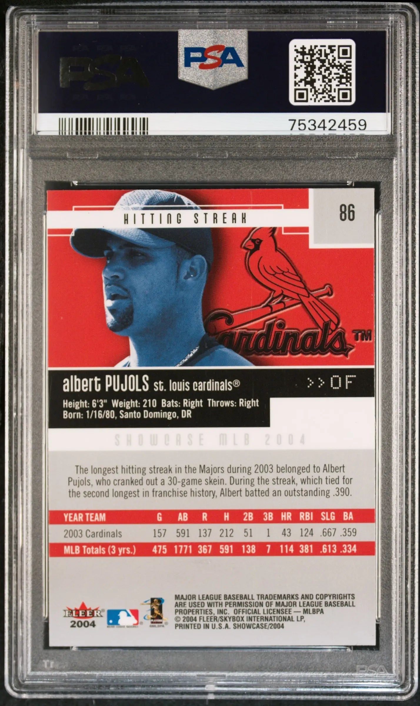 Graded Albert Pujols baseball card from Fleer Showcase by Columbia Hobby in mint condition