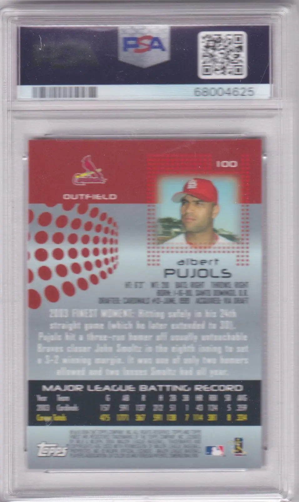 Graded Albert Pujols baseball card from Topps Finest by Columbia Hobby
