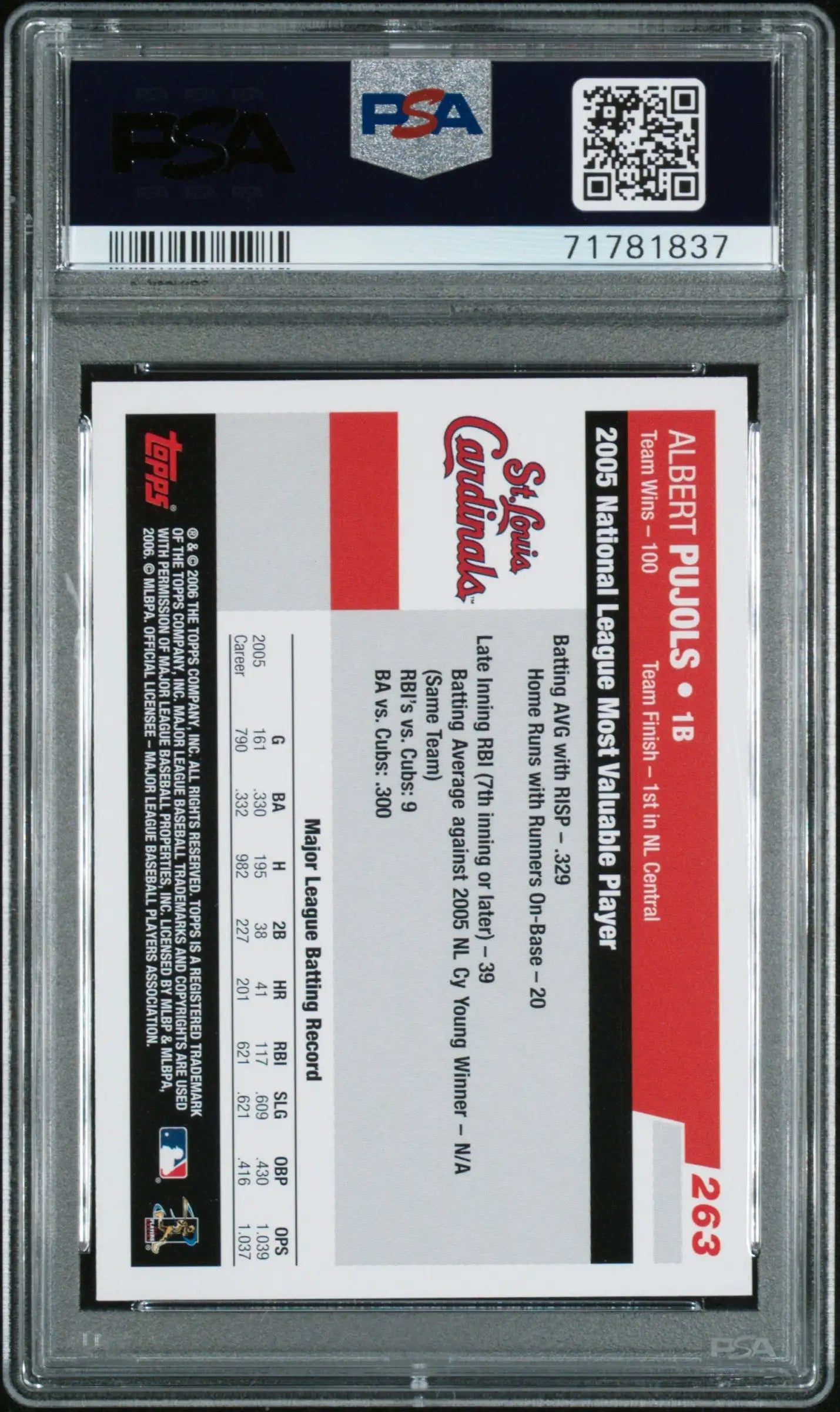 Graded Albert Pujols baseball card from 2006 Topps PSA 10 Gem Mint top collector’s card