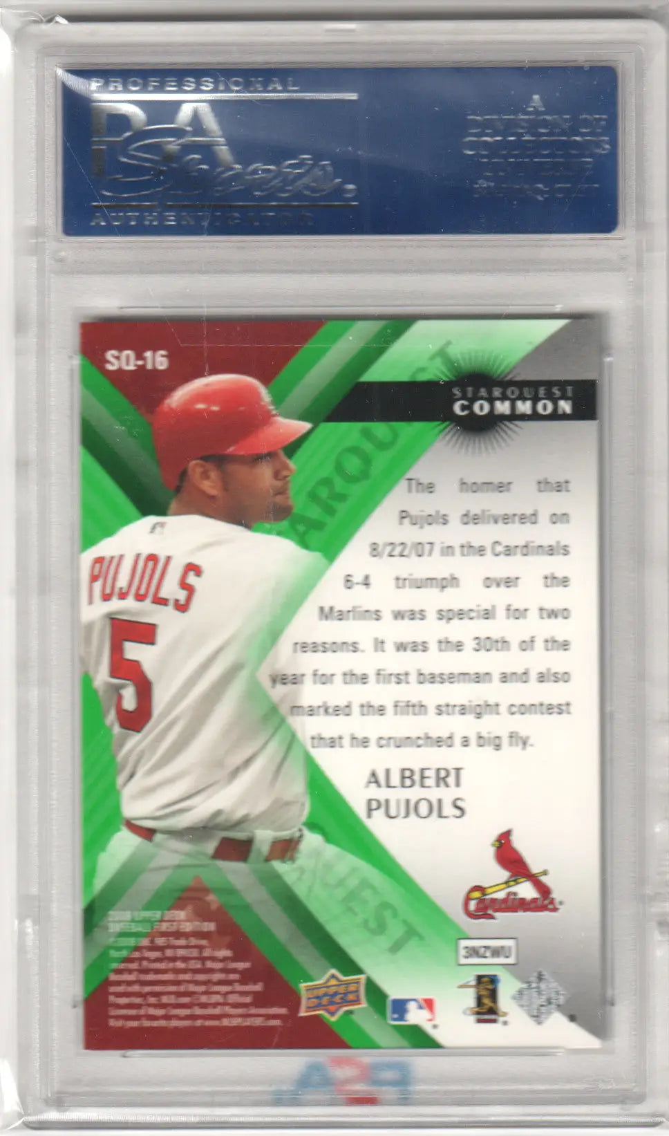 Graded Albert Pujols baseball card from Upper Deck 2008 First Edition Starquest by Columbia Hobby