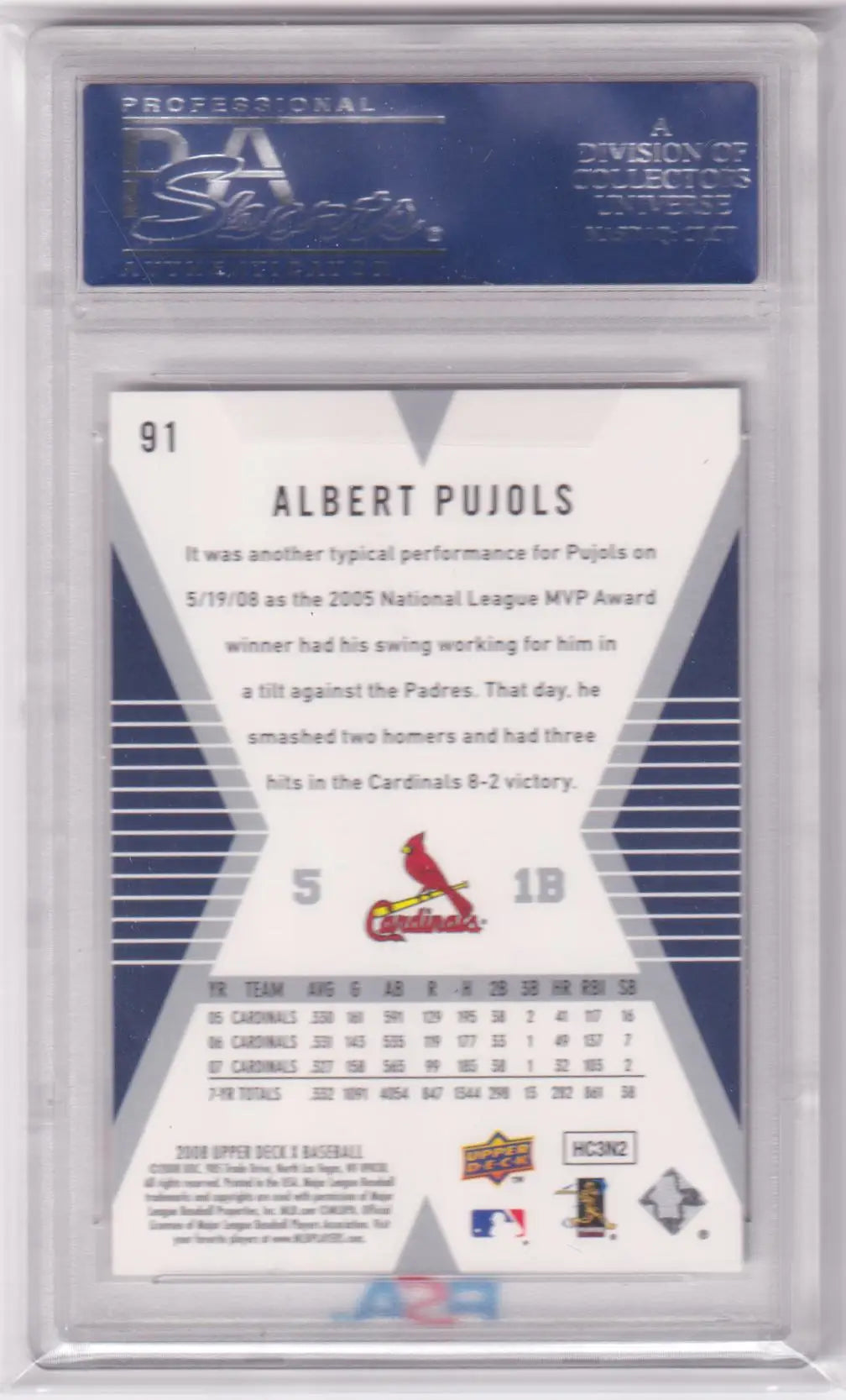 Albert Pujols baseball card from Upper Deck 2008, graded PSA 10 GEM MINT by Columbia Hobby