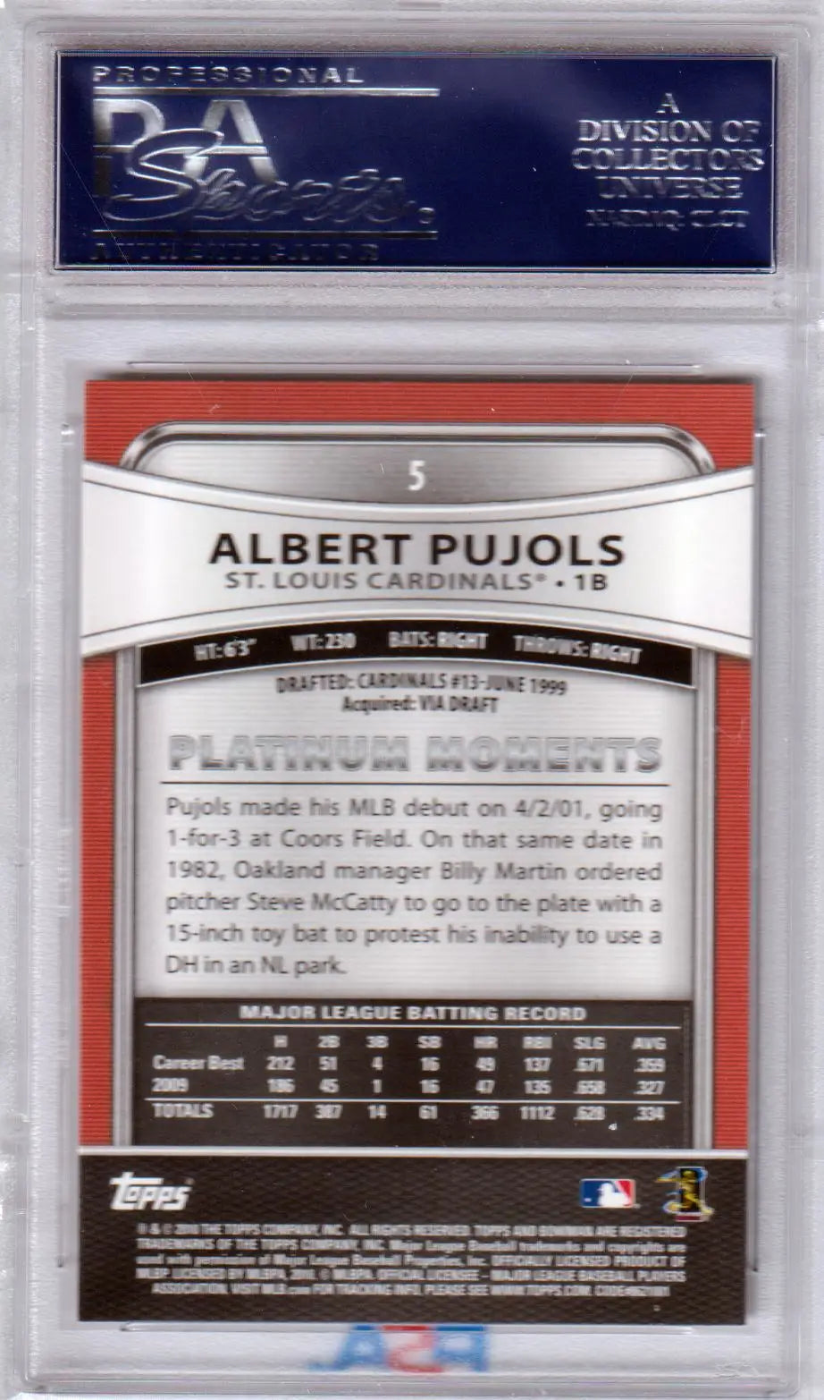 Graded Albert Pujols 2010 Bowman Platinum PSA 10 GEM MINT baseball card for collectors
