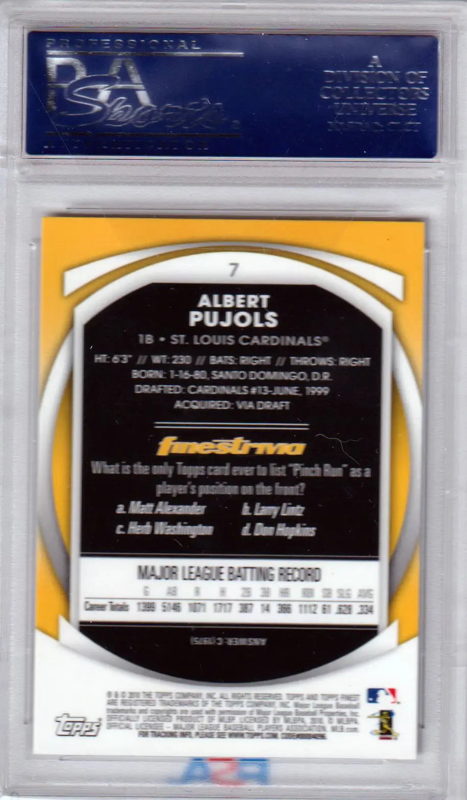 Albert Pujols 2010 Topps Finest trading card in protective case from Columbia Hobby
