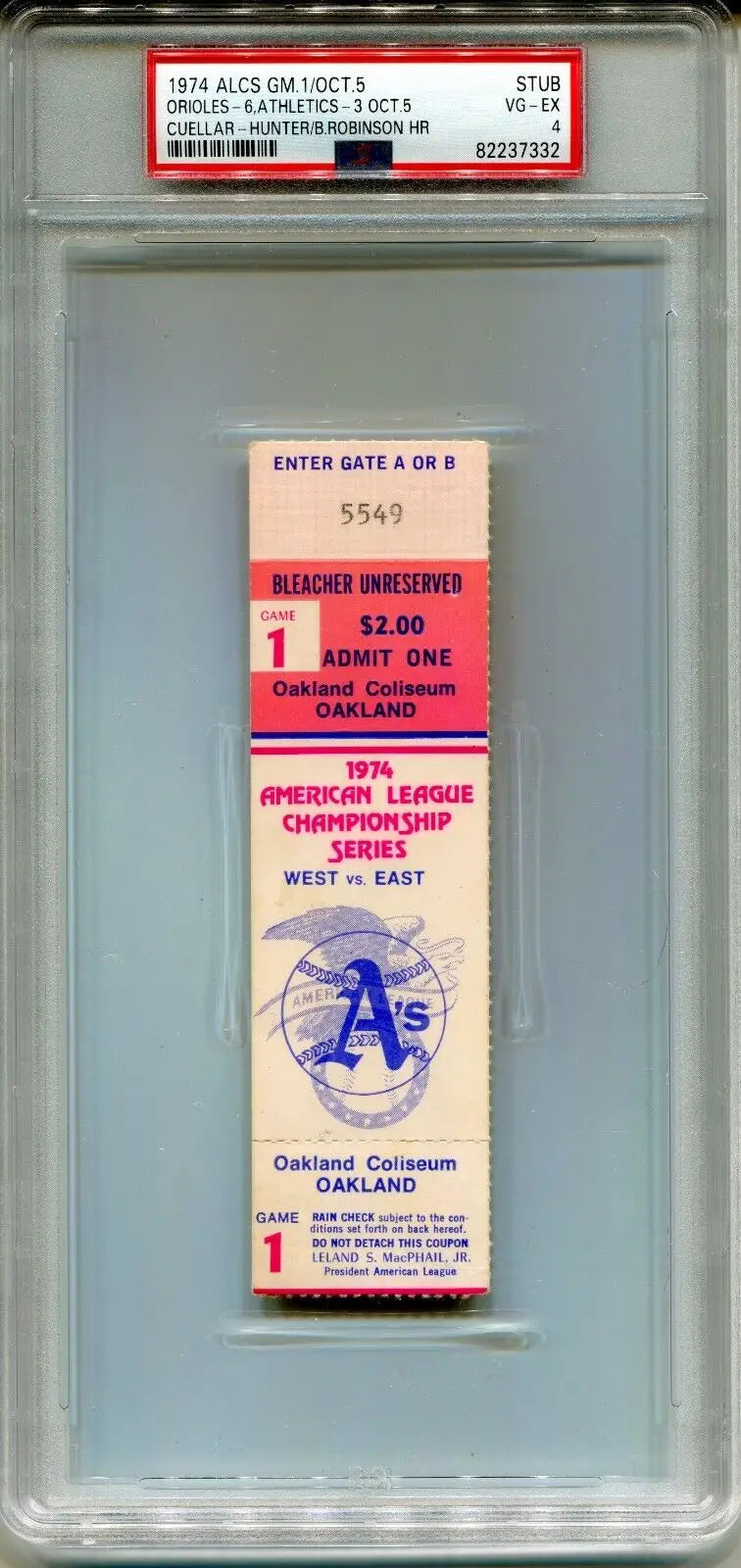 Encased 1974 ALCS Ticket Stub featuring Catfish Hunter and Baltimore Orioles memorabilia