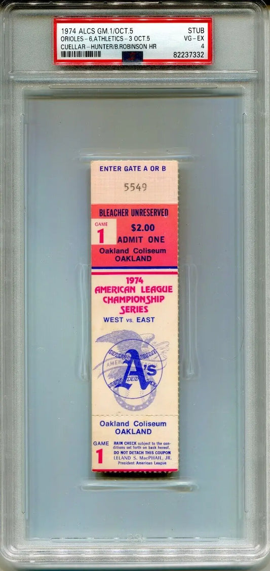 Encased 1974 ALCS Ticket Stub featuring Catfish Hunter and Baltimore Orioles memorabilia