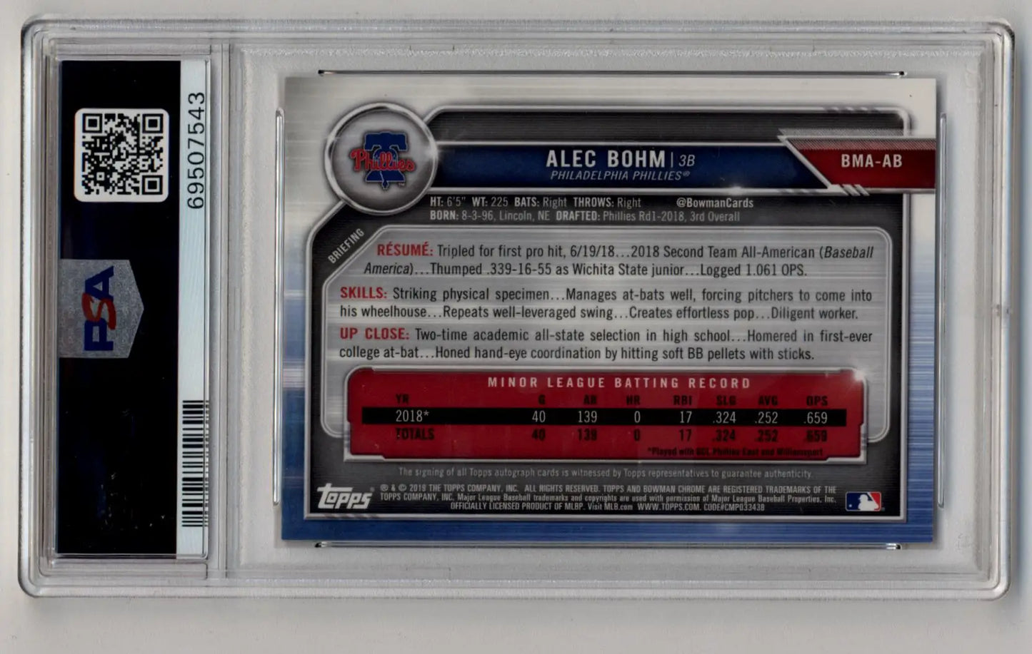 Encapsulated 2018 Bowman Chrome Alec Bohm baseball card in Bowman Chrome Mega Box