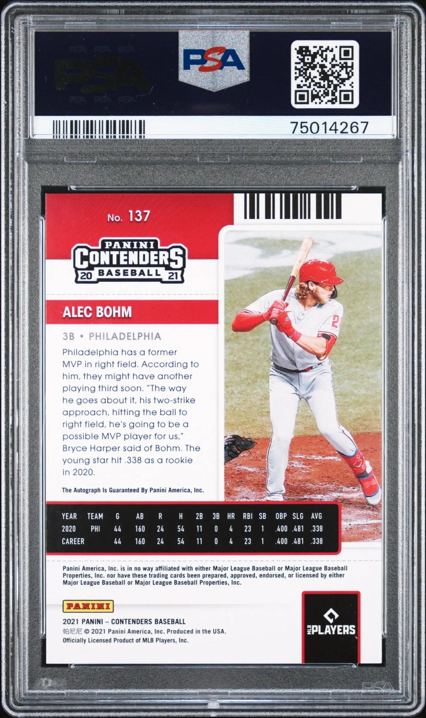 Graded Alec Bohm 2021 Panini Contenders Fame Ticket Auto trading card PSA 9