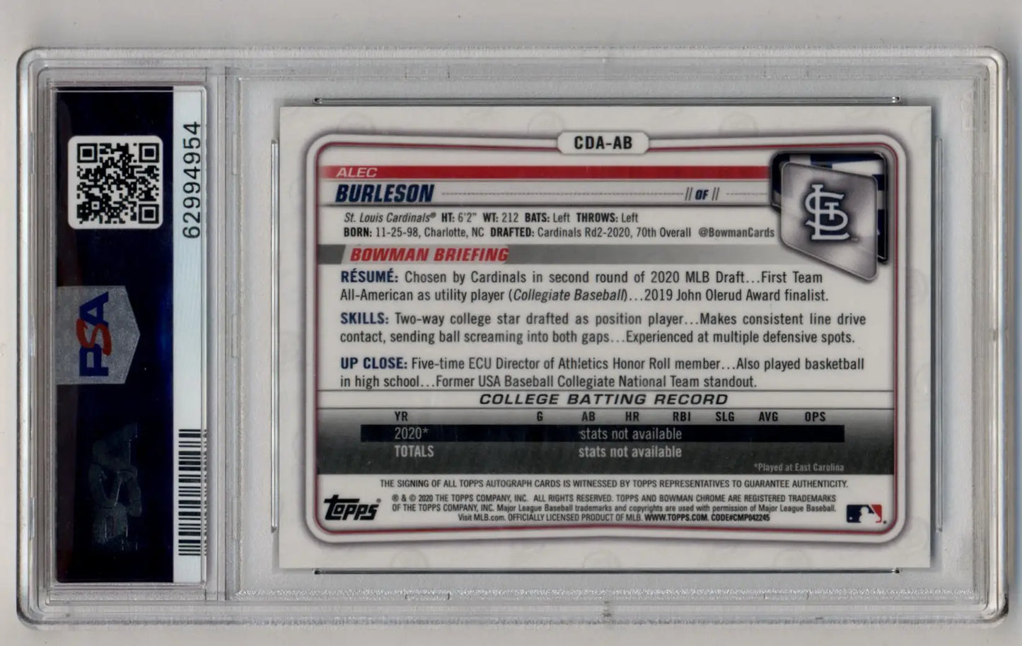 Alec Burleson Bowman Chrome Draft trading card in protective slab, Black Refractor Auto