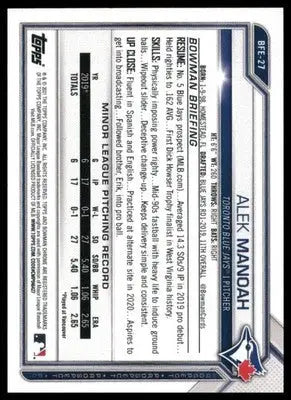 Alek Manoah Bowman 1st Edition baseball card from 2021 Toronto Blue Jays series