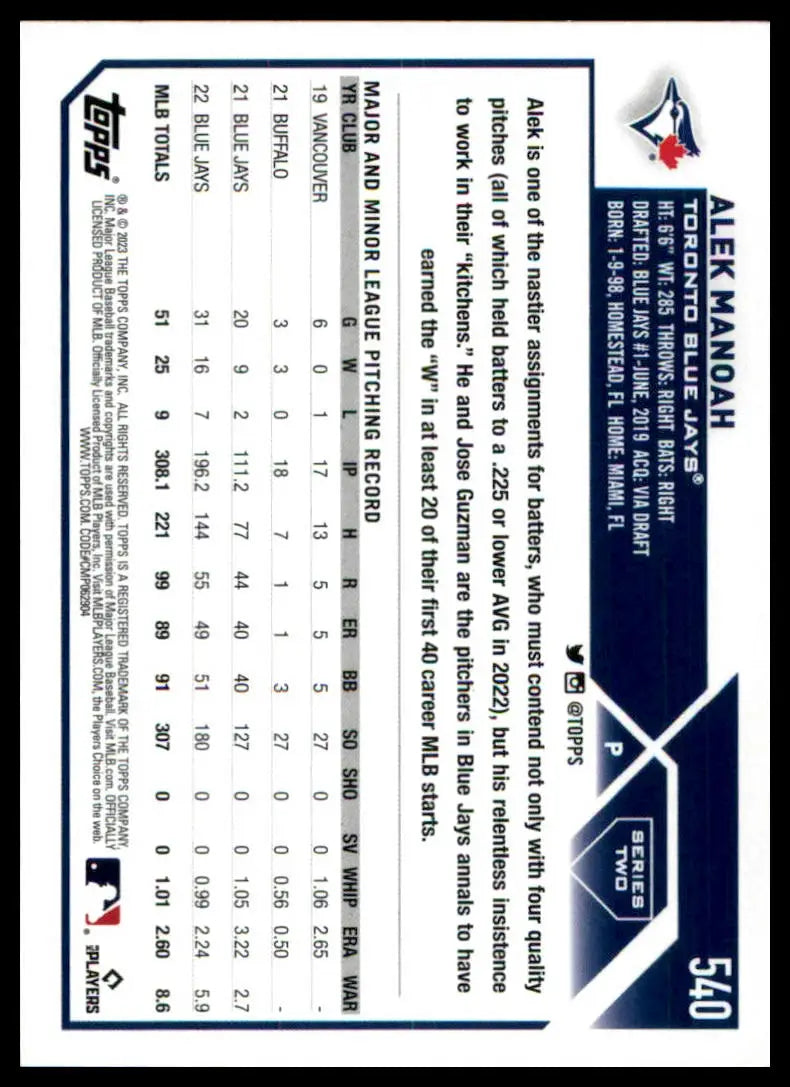Alek Manoah baseball card from 2023 Topps #540 Toronto Blue Jays collection