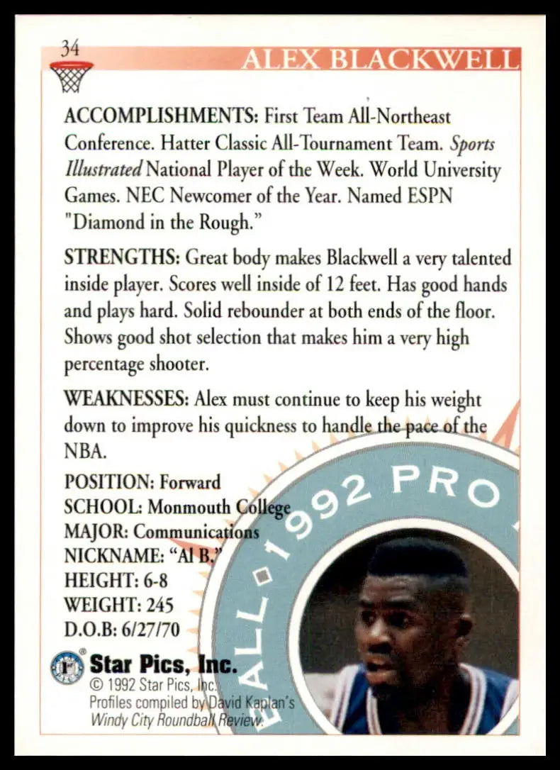Alex Blackwell Star Pics basketball card from 1992 Monmouth Hawks collection