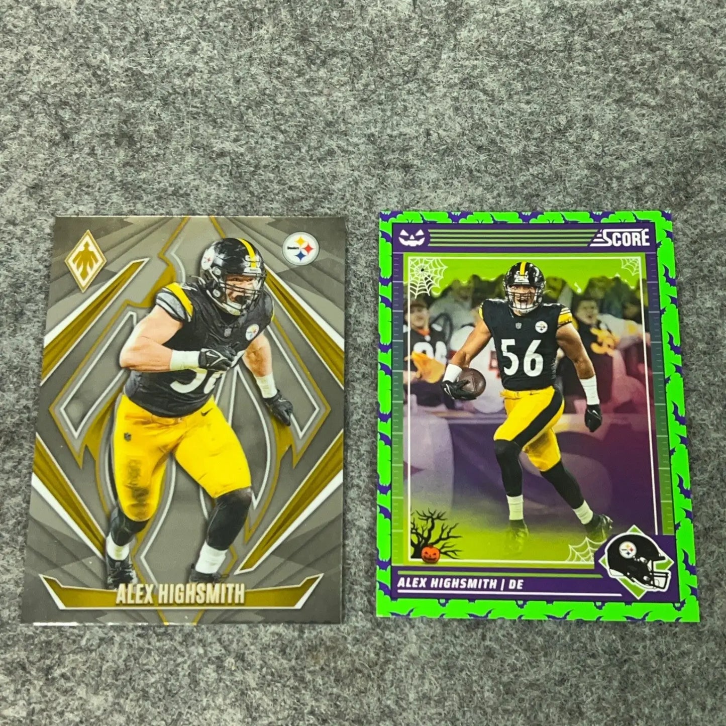 Two collectible Alex Highsmith 2024 Pittsburgh Steelers football trading cards displayed