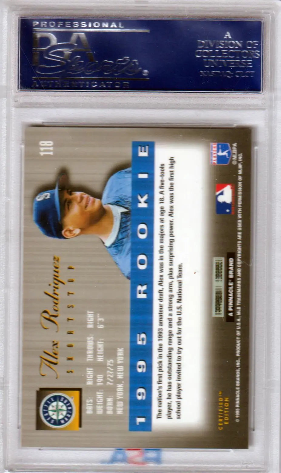 Alex Rodriguez rookie card from 1995 Select Certified PSA 10 GEM MINT displayed by Columbia Hobby