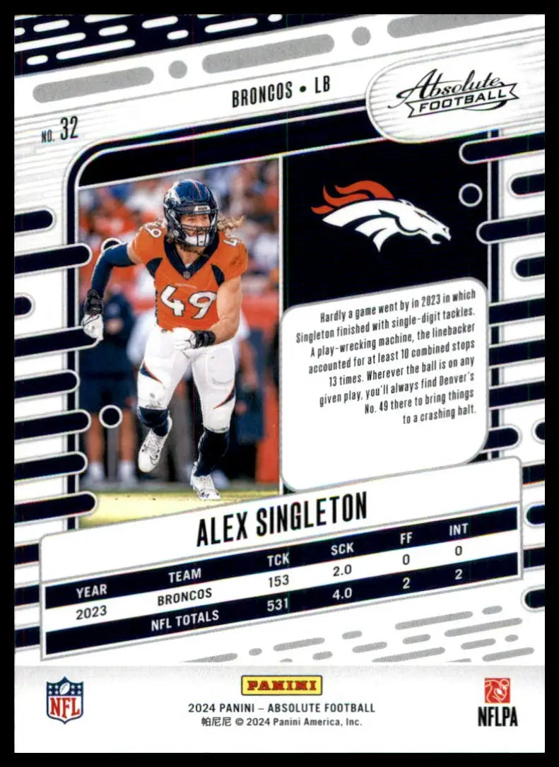 Alex Singleton football card from Panini Absolute 2024 Denver Broncos collection