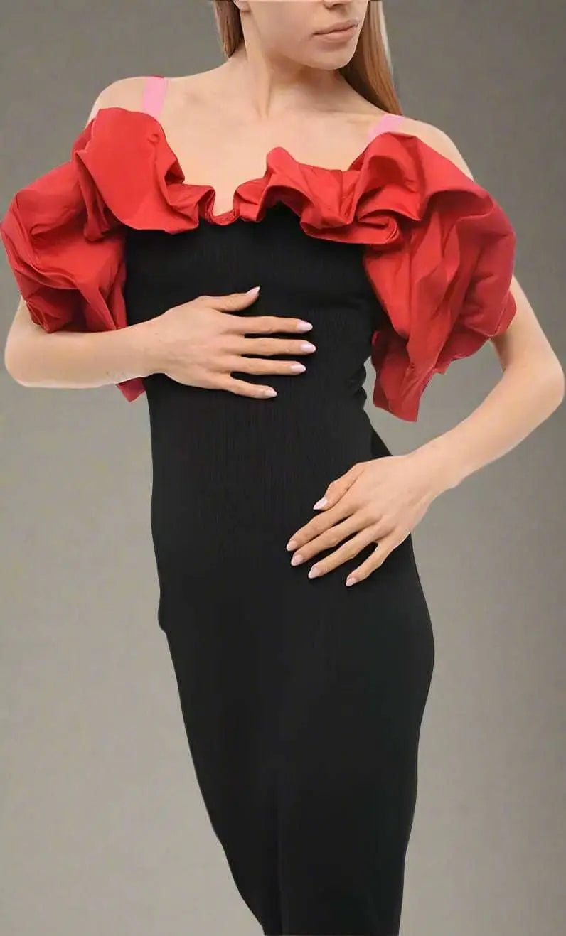 Alexander McQueen knitted off-the-shoulder dress with ruffled red bodice and puffy sleeves