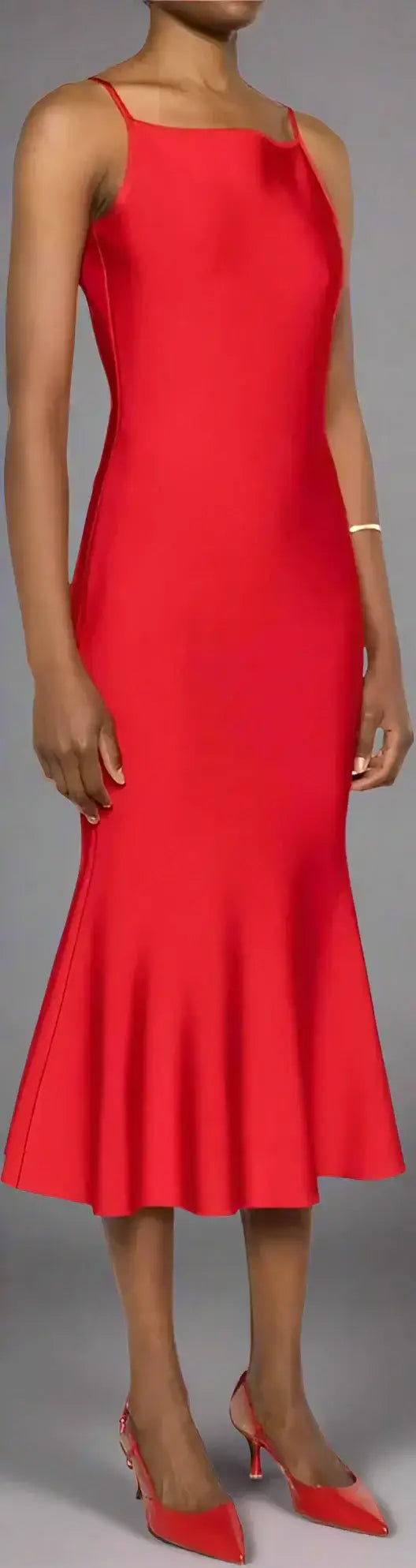 Alexander McQueen red sleeveless viscose midi dress with flared mermaid hem