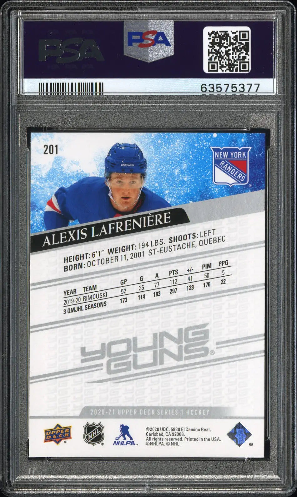 Alexis Lafreniere 2020 Upper Deck #201 PSA 10 Gem Mint 5377 - Singles