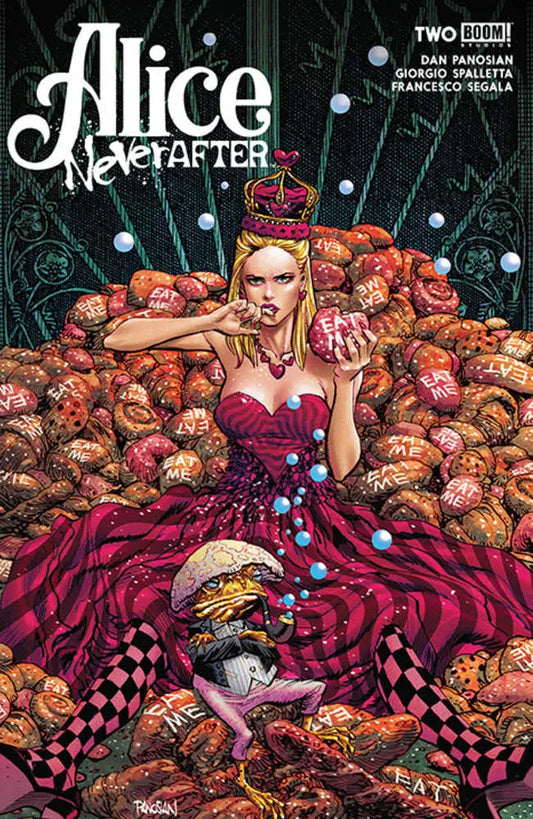 Comic book cover of Alice Never After #2 featuring a figure in a red dress among roses