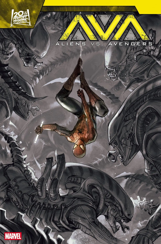 Comic book cover featuring Spider-Man battling Xenomorphs from Aliens vs Avengers Fong Variant