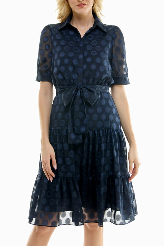 Nicole Miller navy polka dot midi dress with short sleeves and tie waist for women