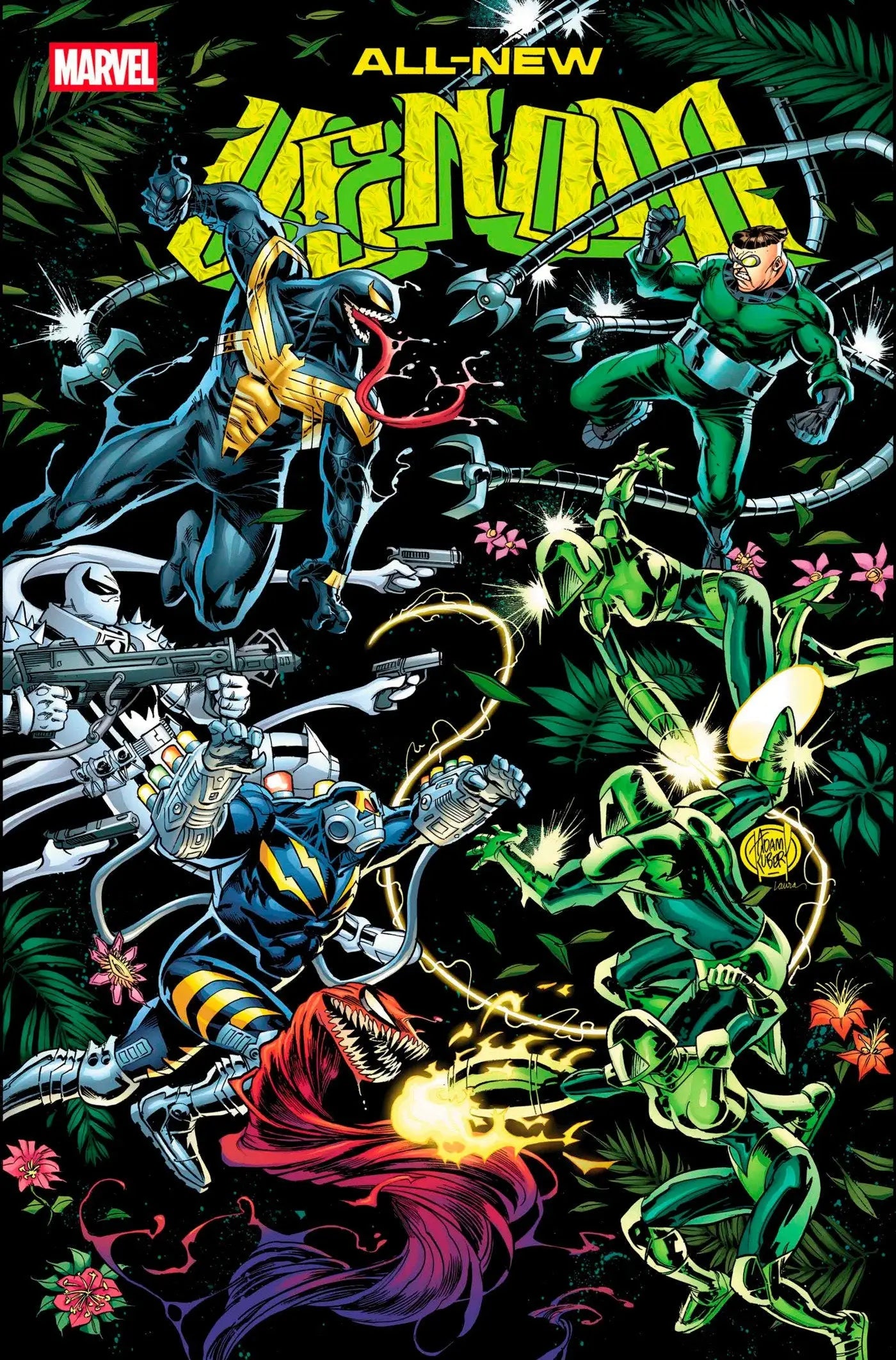 Vibrant comic book cover of All-New Venom #9 with Venom, Doctor Octopus, and jungle scene