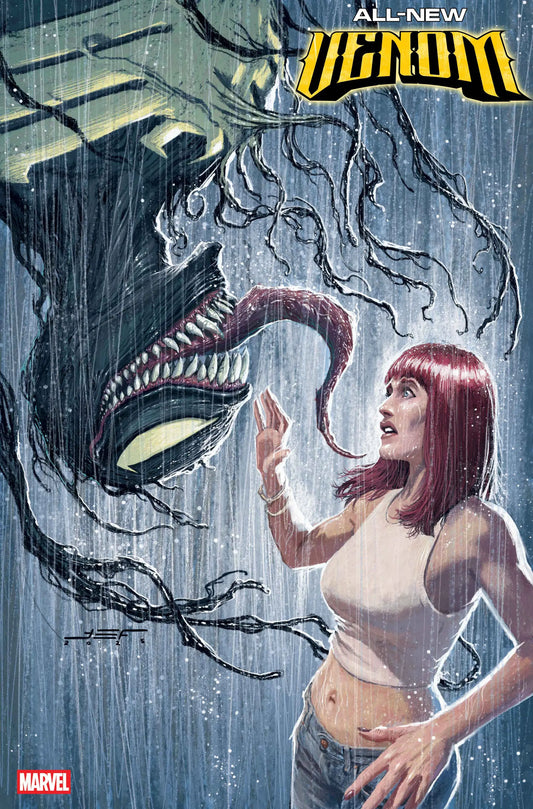 Comic book cover of Venom and frightened woman in rain, All-New Venom #9 Juan Ferreyra Variant