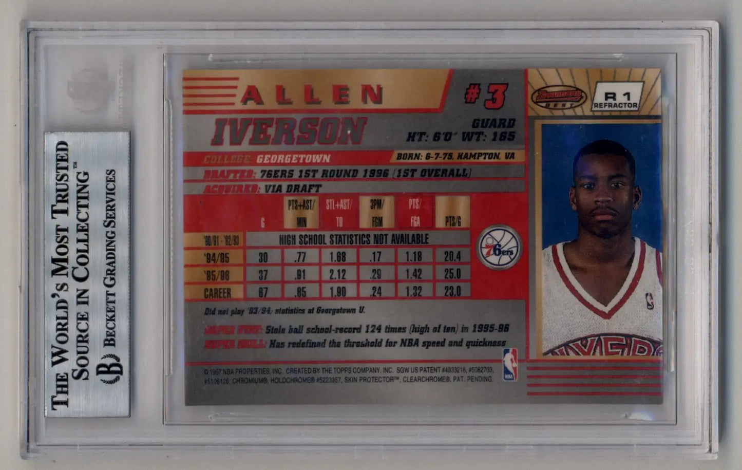 Allen Iverson trading card in protective case, 1996-97 Bowman’s Best Refractor BGS 9 Mint