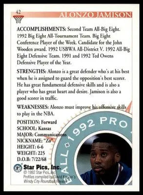 Alonzo Jamison Star Pics basketball card from 1992 Kansas Jayhawks collection