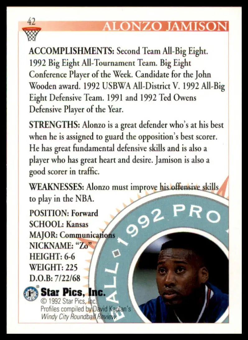 Alonzo Jamison Star Pics basketball card from 1992 Kansas Jayhawks collection