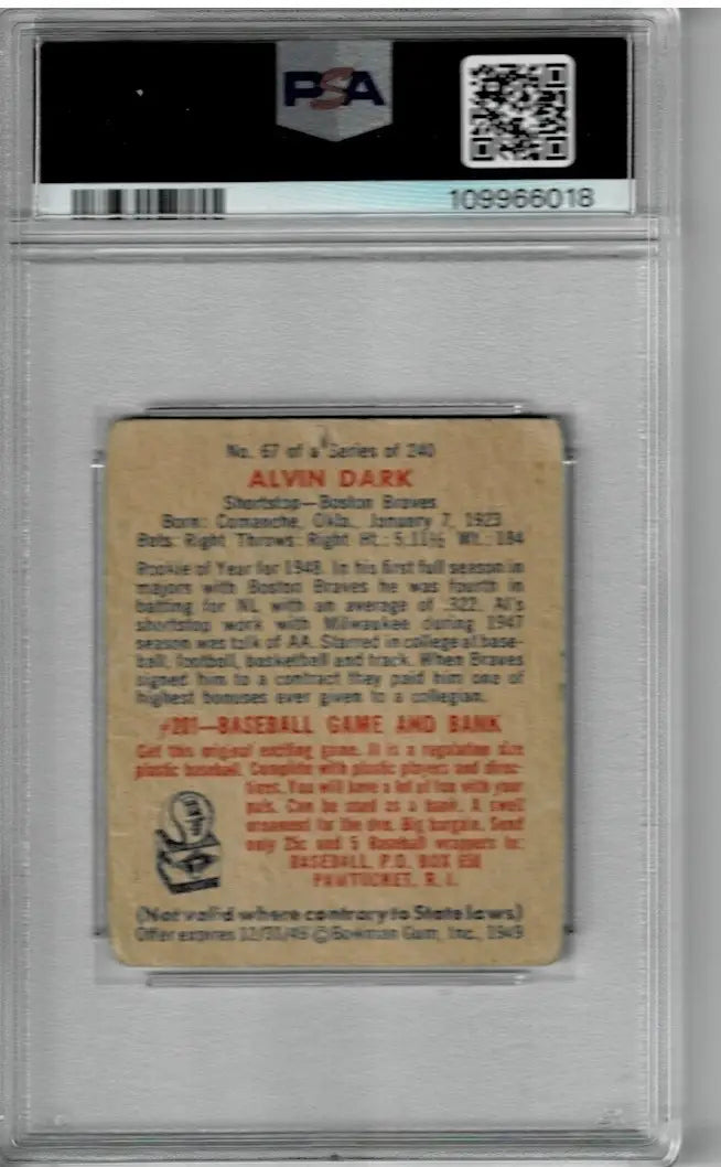 Graded vintage Alvin Dark baseball card of New York Giants player PSA 1 DNA 10