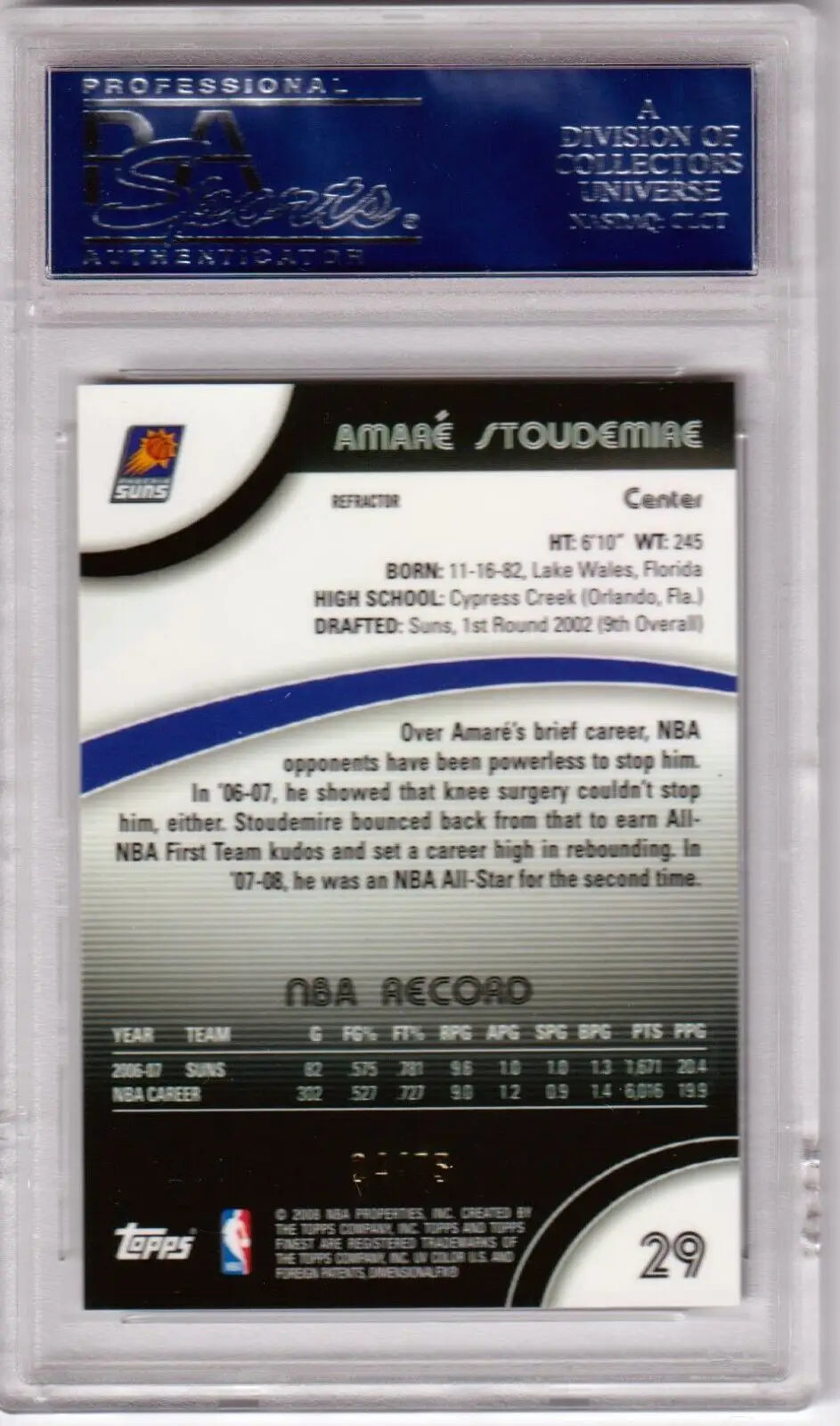 Amare Stoudemire basketball card from Columbia Hobby Finest Black Refractor PSA 10
