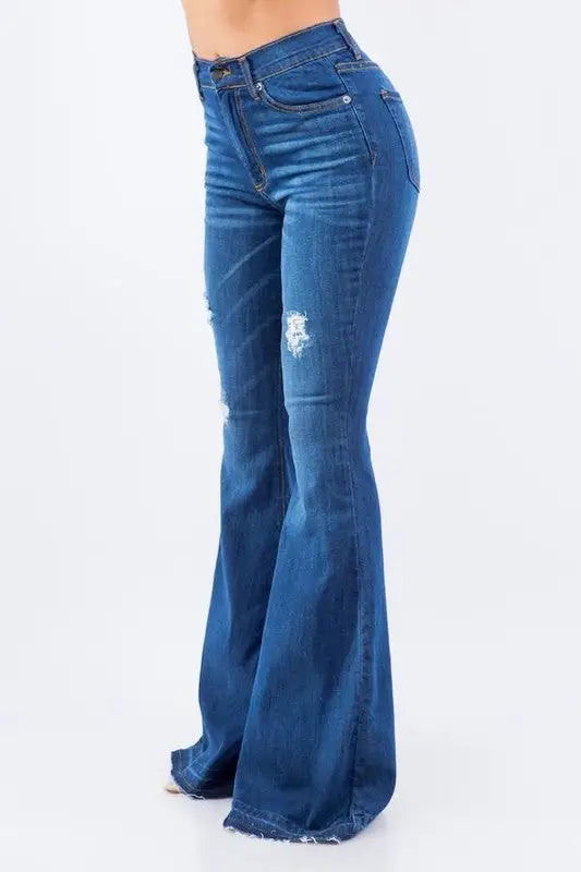 Amber Bell Bottom Jean high-rise distressed dark wash flared jeans with unfinished hem